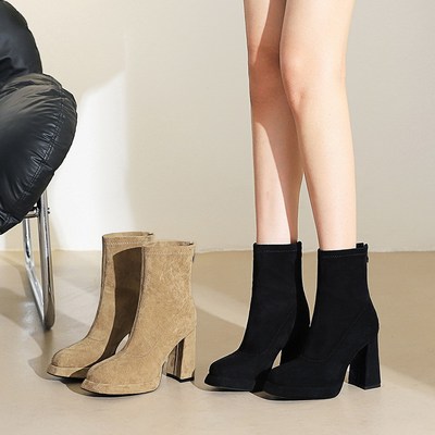 6689-1 Stylish and Sexy Rear Zipper Square Head Fashion Boots for Women, High Grade, Suede Waterproof Platform, Ultra High Heel Women’s Boots