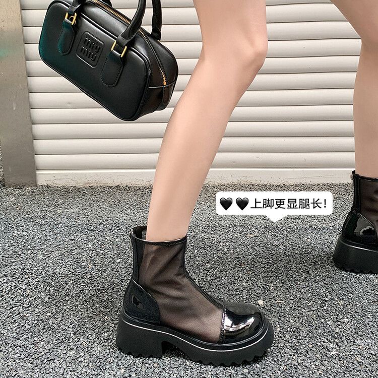 Boot ngắn nữ da thật vải lưới cao gót 6cm mùa hè phong cách Anh thoáng khí — Màu đen, Trắng be chi tiết 114