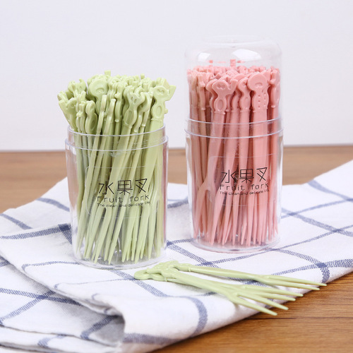 Creative disposable fruit fork, plastic two-tooth fruit picks, 50 pieces/box, household fruit cake snack fork