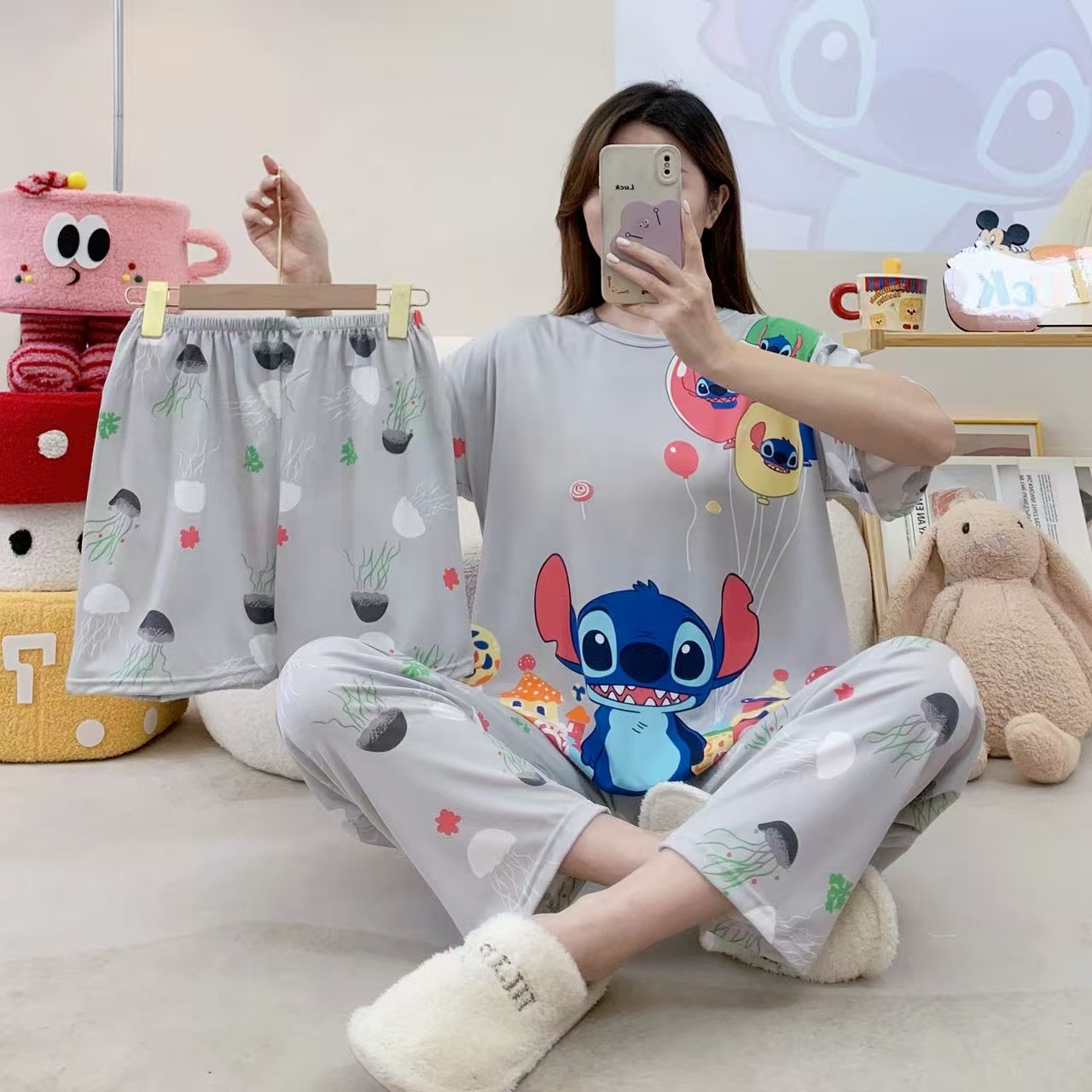 Pijamas de verano transfronterizos pijamas de leche de seda de tres piezas set de dibujos animados comercio exterior ropa para el hogar pantalones de mangas cortas lindos
