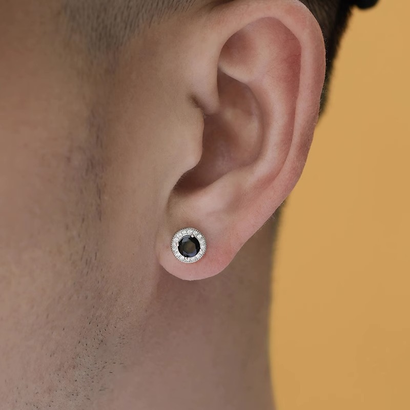 Ine style high end round diamond earrings trendy men's hip hop personality simple fashion full diamond geometric men's earrings_voghion.com