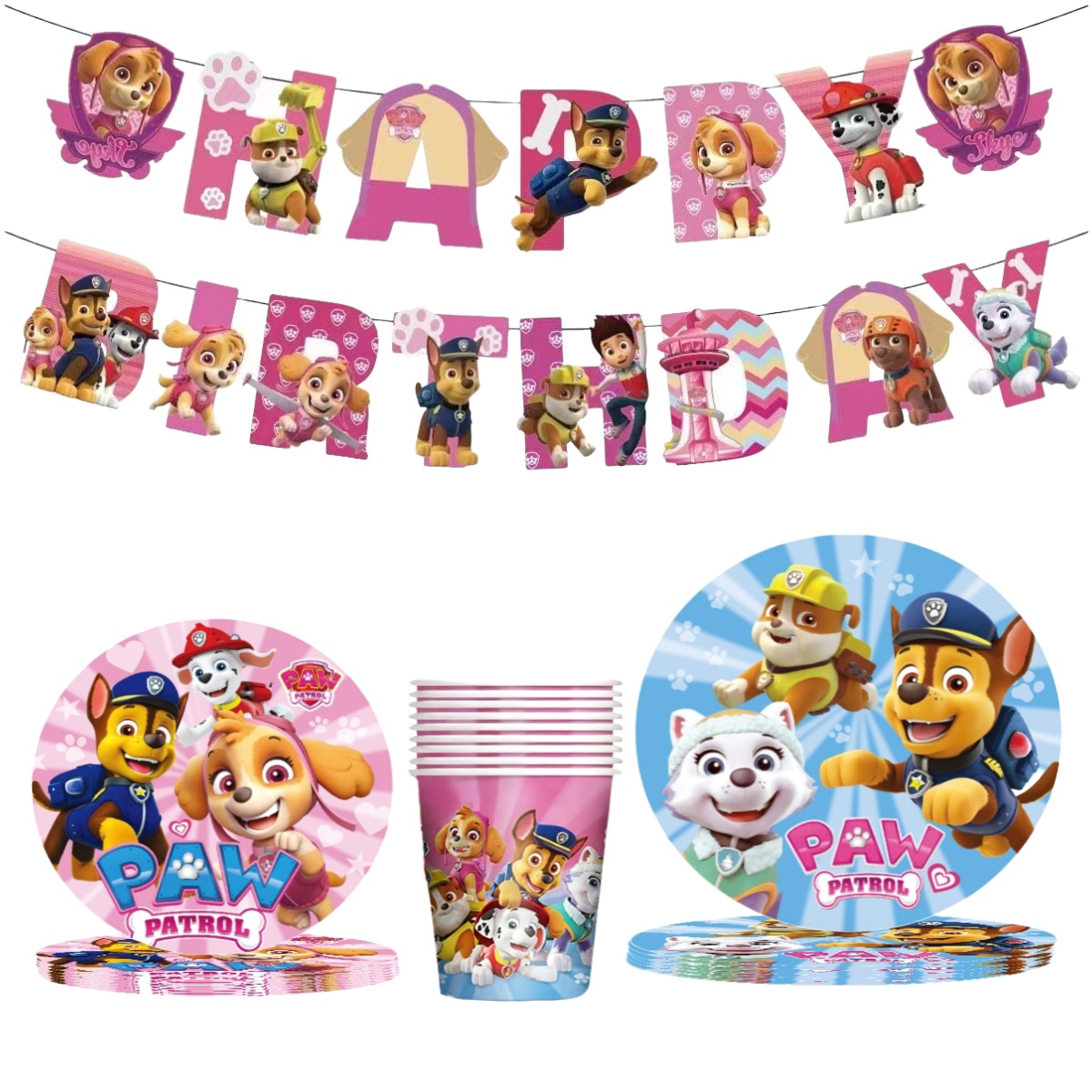 Cross-Border New Dog Theme Cartoon Pink and Blue Paw Patrol Kidsren's Birthday Flag Paper Plate Paper Cup Party Decoration Supplies