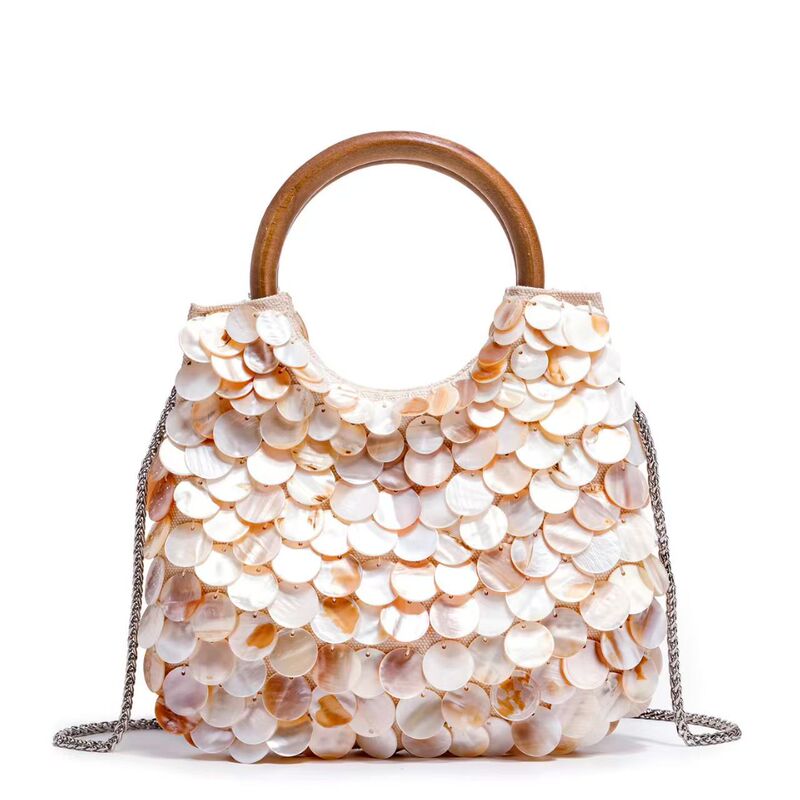 2026 New Model Pure Handmade Natural Shell Bag with Wooden Handle, Handbag with Chain, Single Shoulder Crossbody Bag