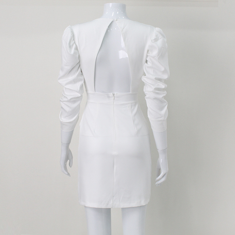 Spring Arrival White Short Sleeve Deep V Plunge Retro High Waist Backless Oversleeves Dress
