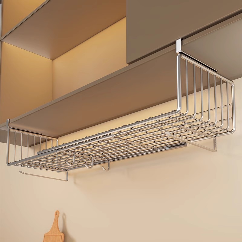 Kitchen Hanging Rack under Cabinet Hanging Basket Spice Cling Film Storage Rack Retractable Hanging Layered Storage Artifact