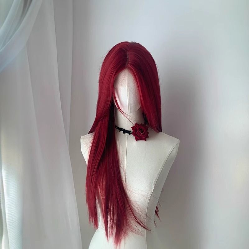 Red Wig Full Hair Set for Women with Lace Front, Vintage Red, 70cm Long Straight Hair, Trendy Women's Hairpiece