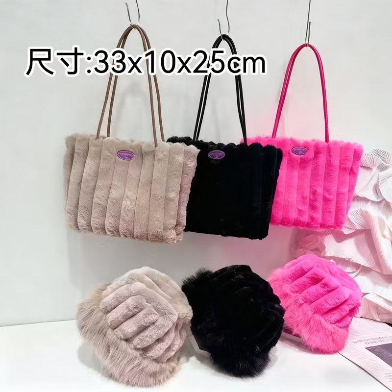 Cross-Border Plush Bucket Hat Autumn and Winter Matching Set Cartoon Warm and Cold-Proof Versatile Furry Tote Bag