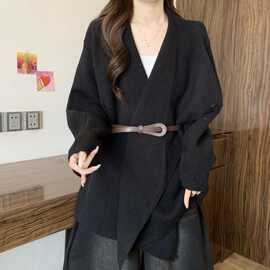 感慵懒风韩系黑色翻领针织外套女冬新款新品收腰显瘦气质毛衣