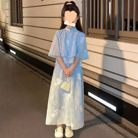 2025中式国风套装夏季新款荷叶袖女童绣花阔腿裤上衣汉服女孩套装