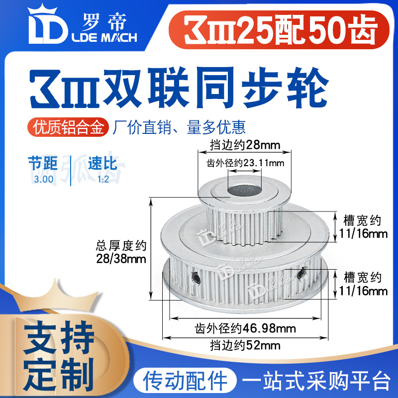 双联同步轮3M25齿配50齿/T双排同步轮并列两排组合倍数转换皮带轮