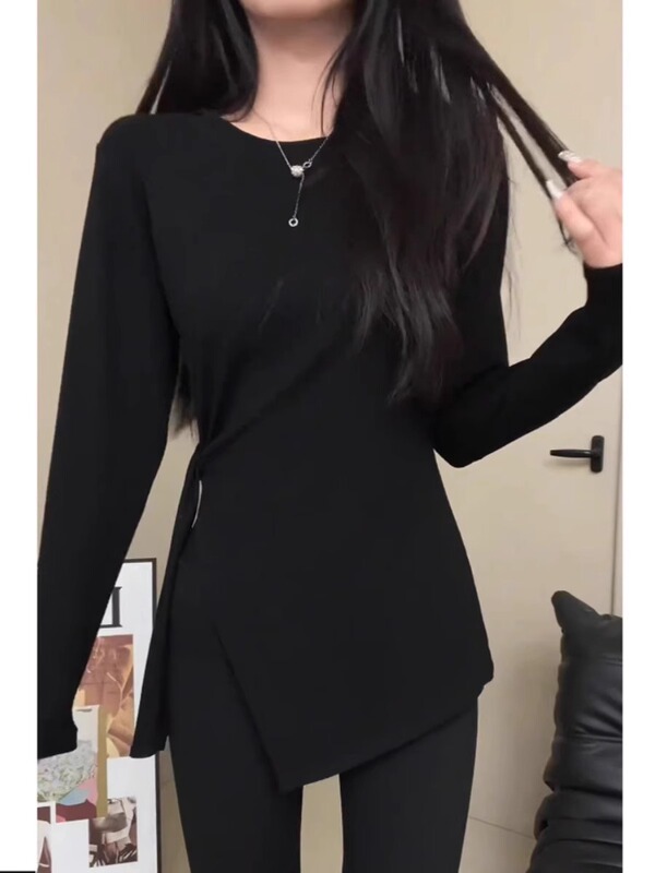 欧洲站棉中长款打底衫女秋季设计感小众开叉不规则上衣长袖t恤衫|undefined