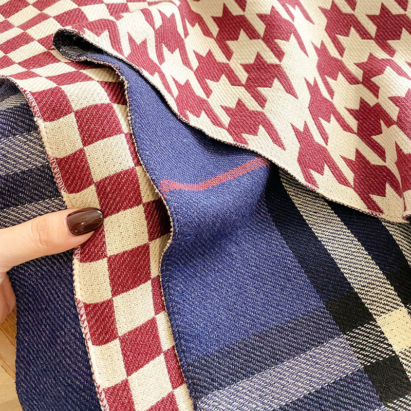 Autumn Winter Korean Edition Thousand Bird Grid Scarf Women's Versatile Long Thickened and Warm Imitation Wool Fleece_voghion.com