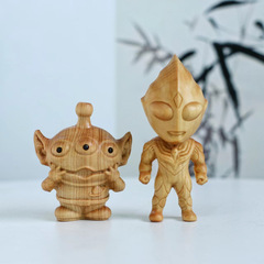 Green Sandalwood Carved Ultraman Handheld Figurine, Solid Wood Carving Craft, Cartoon-style Birthday Gift for Boy, Decorative Ornament