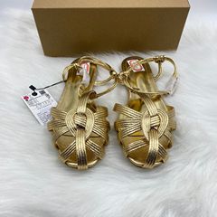 ZA家2025新款跨境独立站ins时尚走秀金色带简约露趾女鞋凉鞋