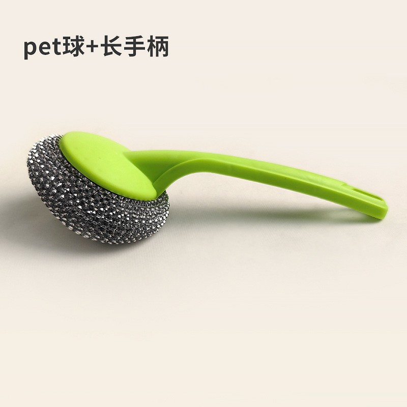 Bola de limpieza para platos de plástico PET, bola de lana de acero, bola de lana de acero y plástico desmontable para cocina con mango, cepillo para ollas.