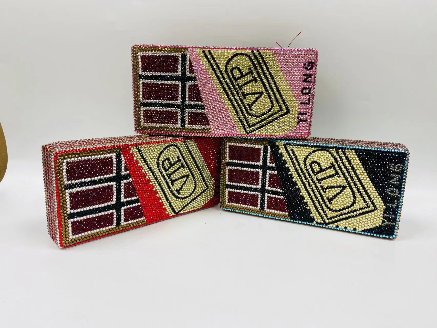Túi clutch nữ đính kim cương thủ công đế bằng dự tiệc — Cuộn tròn đô la/phấn màu chi tiết 11