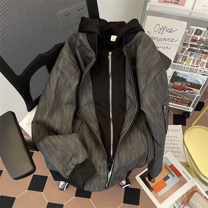 Primavera y otoño ropa de béisbol retro americana suelta corta pareja sombrero chaqueta de textura de cuero pu falso abrigo de dos piezas