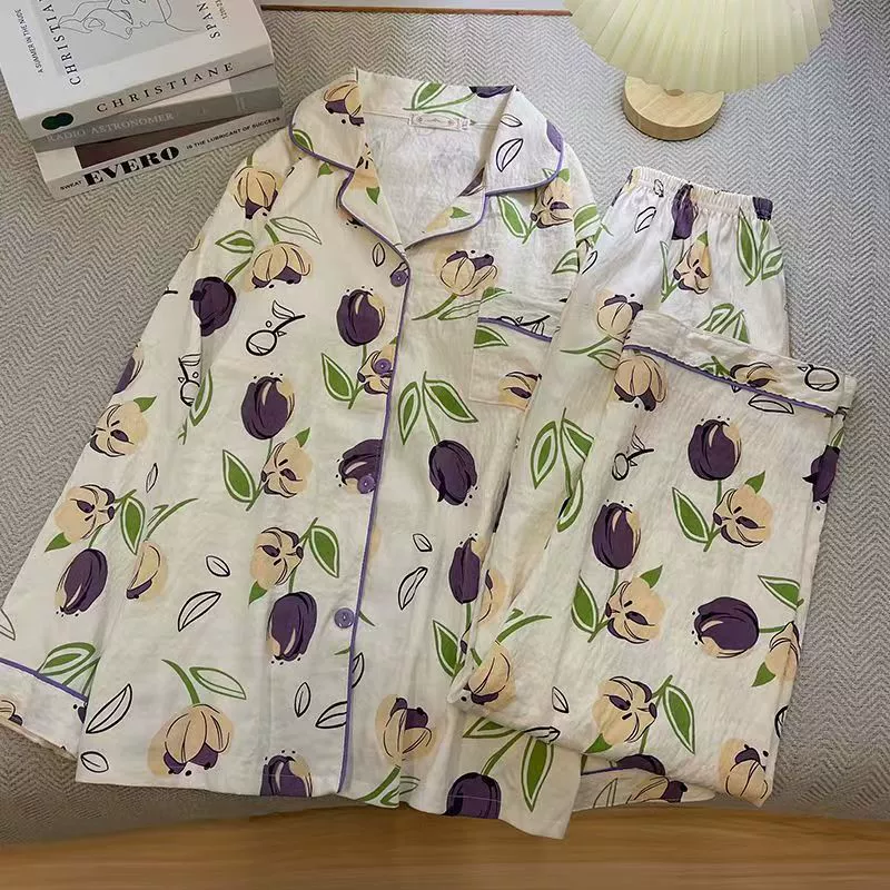 Пижамный комплект с длинным рукавом для женщин, кардигановидная кофточка с цветочным принтом, свободный крой