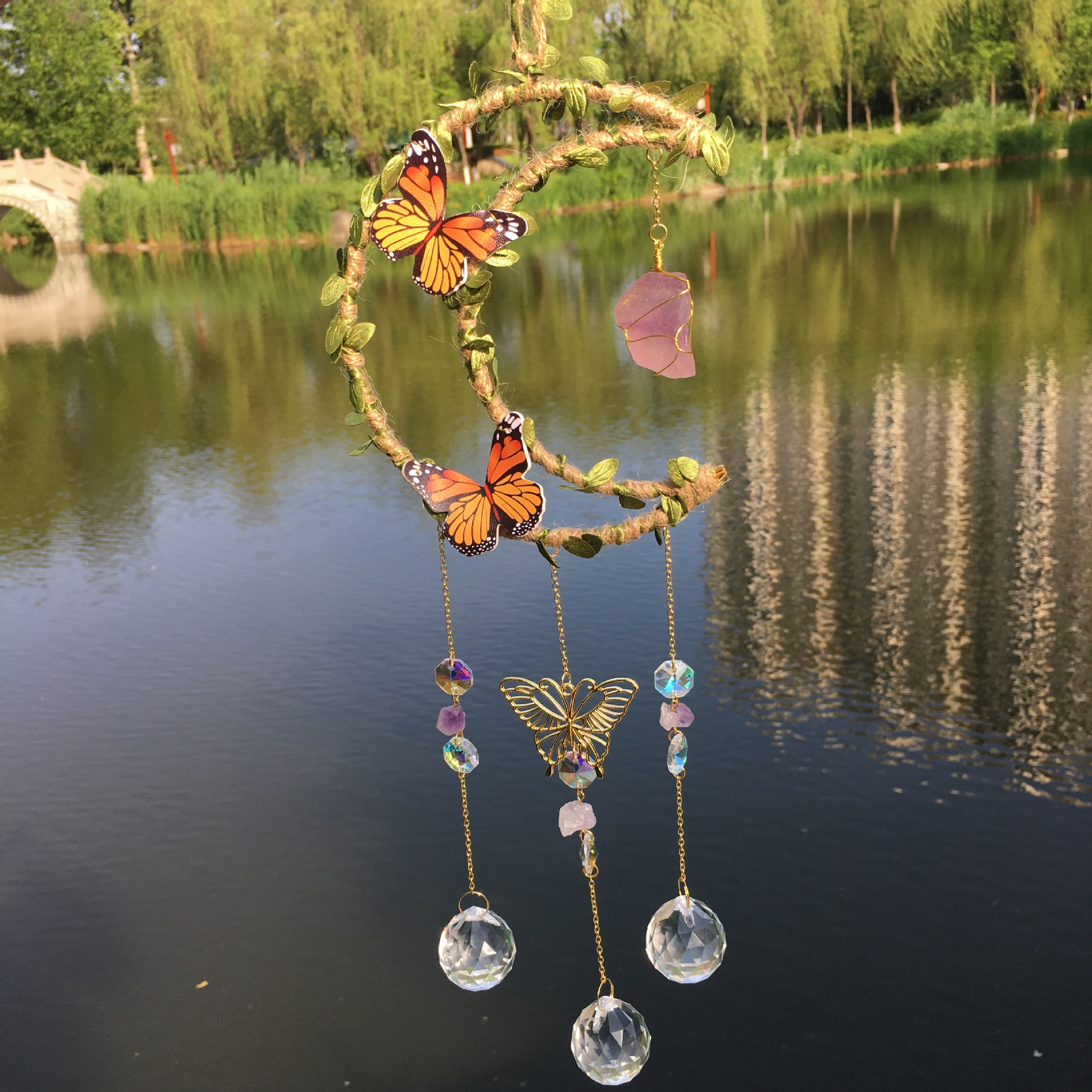 Hemp rope leaves hand-tied flower butterfly accessories moon wind chime natural crystal garden pendant crystal ball decoration