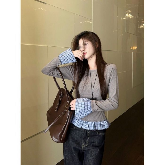 【自家工厂现货】休闲假两件长袖圆领格纹T恤女秋季修身显瘦上衣|undefined