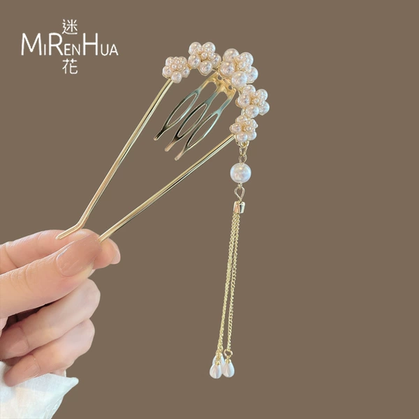 Chinese hairpin pearl with tassels, flowered