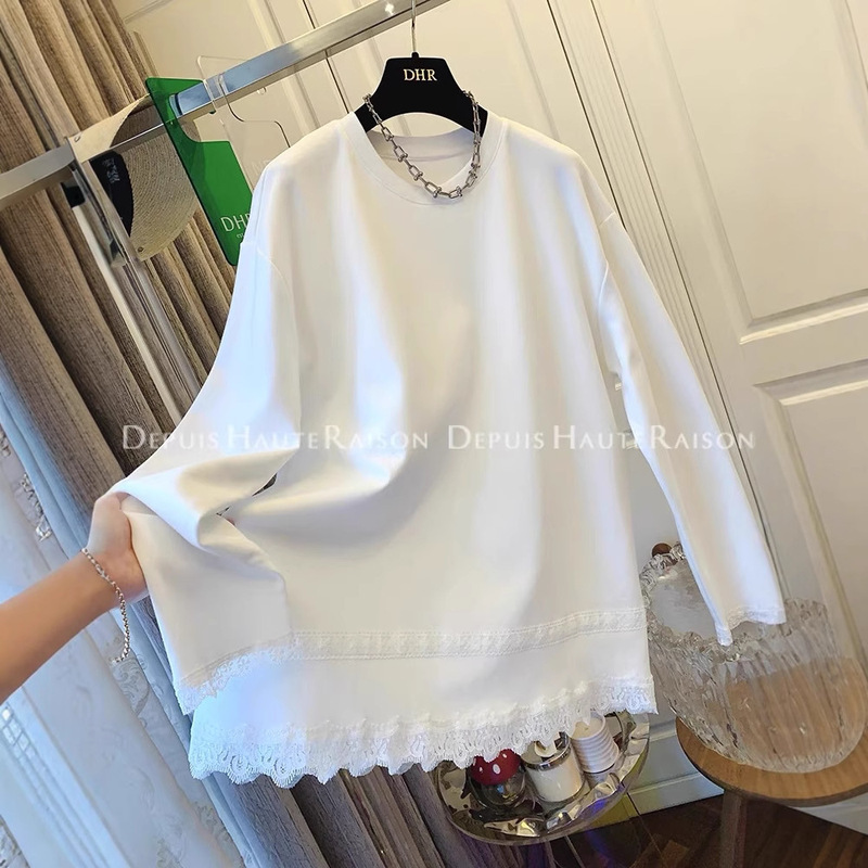 [Fat sister] French sanding lace hem soft waxy long sleeve T-shirt women's autumn and winter plus size bottoming top