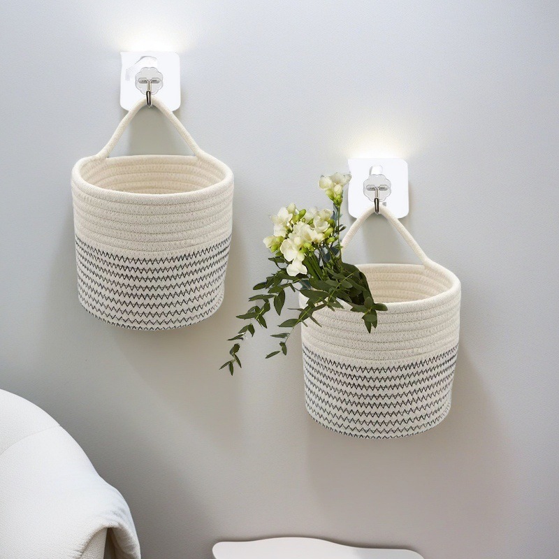 Cuerda de algodón hecha a mano, artículos diversos, cestas colgantes, muebles para el hogar de pared con ganchos, cestas colgantes de plantas verdes, macetas colgantes, cestas de almacenamiento tejidas para dormitorio