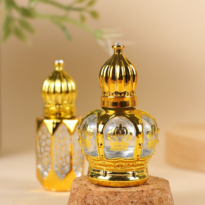 现货批发中东风格皇冠镀金香水精油瓶10ml高档旅行玻璃分装瓶空瓶