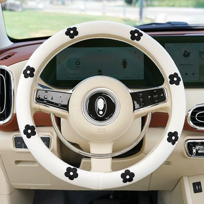 Blue Rain Cotton and Linen Car Steering wheel cover - cotton-and-linen-embroidered-flower-steering-wheel-cover-white-38cm