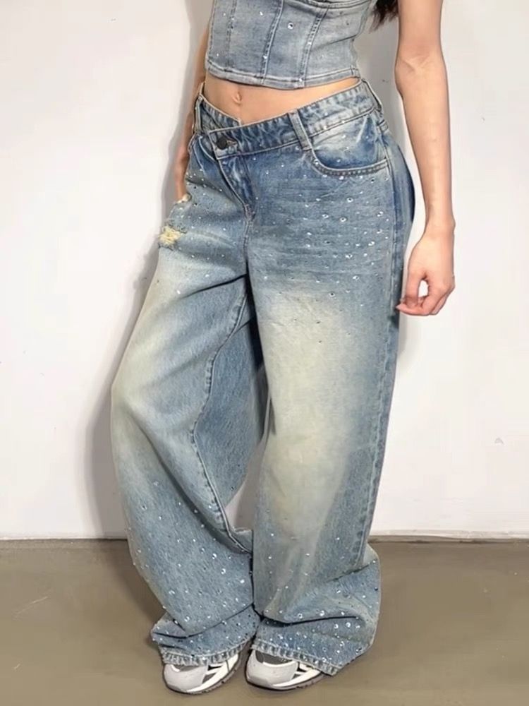 American Retro Washed Rhinestone Ripped Jeans For Women Hot Girl Design Deconstructed Dislocation Stitching Floor Length Trousers_mkmklike.com