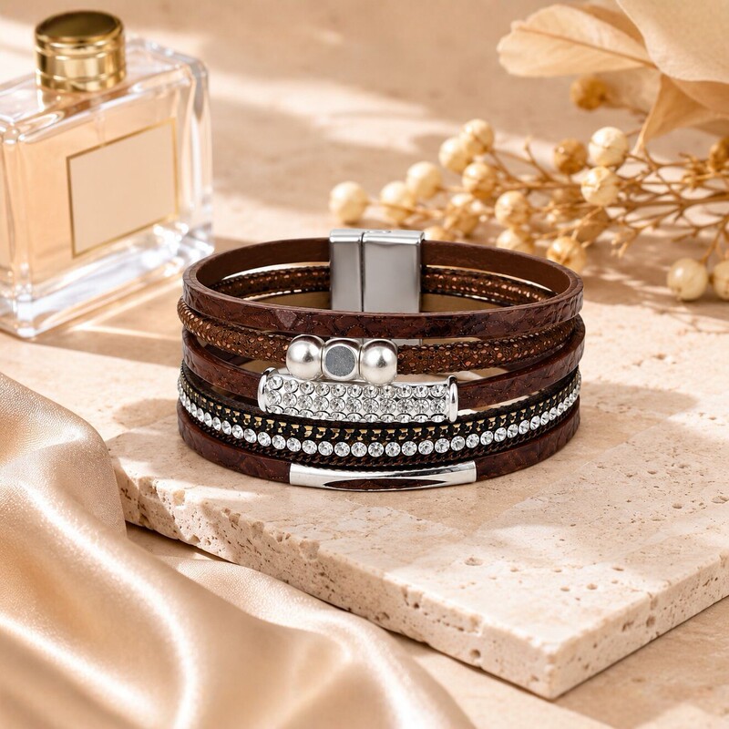 Bohemian Style Multi-Layer Pu Leather Bracelet for Women, Simple Magnetic Clasp with Rhinestones, Fashionable Retro Brown Bracelet Jewelry Bohemian Style Multi-Layer Pu Leather Bracelet for Women, Simple Magnetic Clasp with Rhinestones, Fashionable Retro Brown Bracelet Jewelry