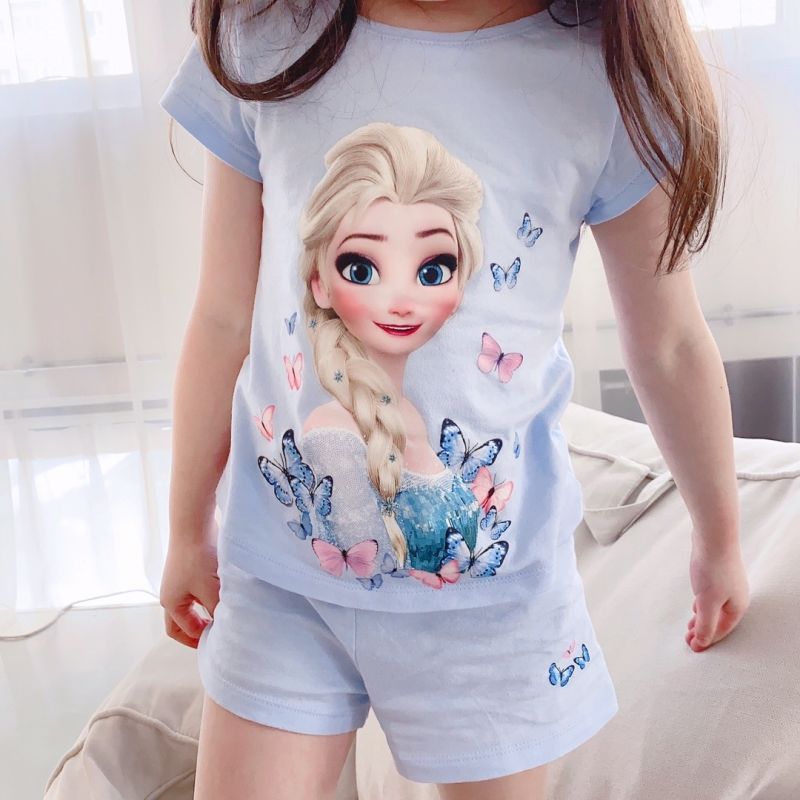 Summer girls' cotton pajamas 2022 new middle and large children's thin home clothes children's girls' Aisha short sleeve suit