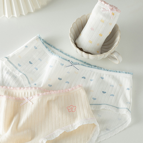 Fresh and simple women's underwear lace edge contrast color women's pants pure cotton crotch mid-waist bag hip student briefs wholesale