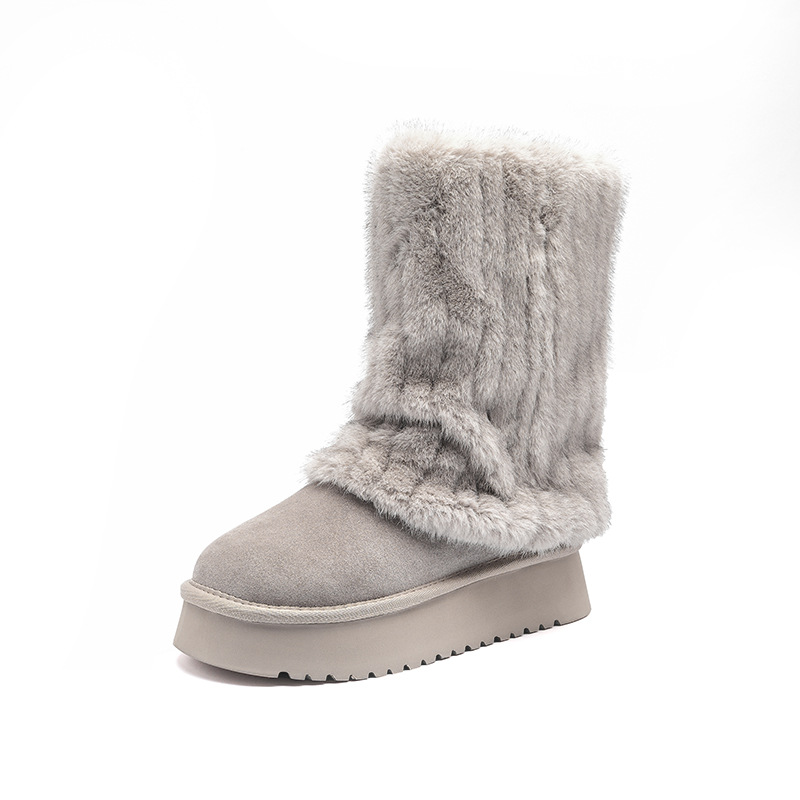 Botas de nieve de cilindro medio para mujeres 2025 nuevo invierno con pantalones gruesos de lana de base gruesa