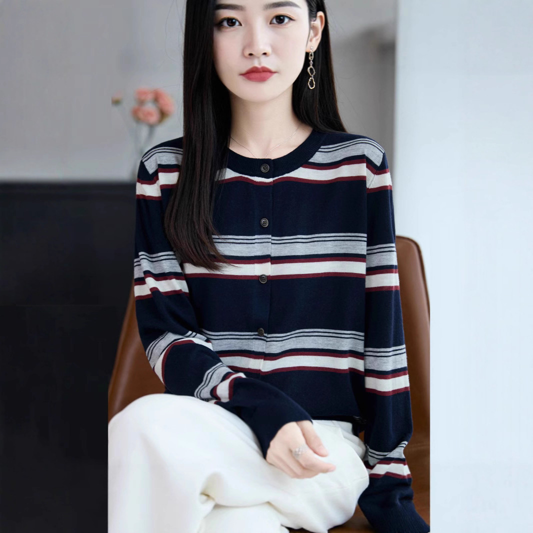 Q2R现货 韩国ins秋季 时尚百搭条纹学院风长袖修身显瘦针织开衫外