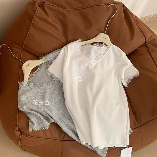 Small Size Lace Edge V-Neck Short-Sleeve T-Shirt for Women - Summer New Arrival Korean Style Design-Focused Loose and Versatile Solid Color Top