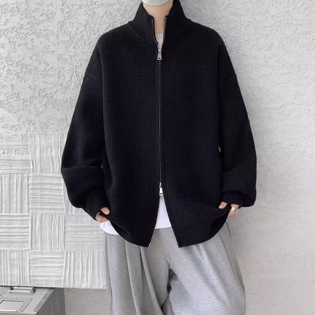 Retro Color-Block Cardigan – Oversized Stand Collar Sweater With Dual-Zip (M-3XL, Grey/Black)_voghion.com