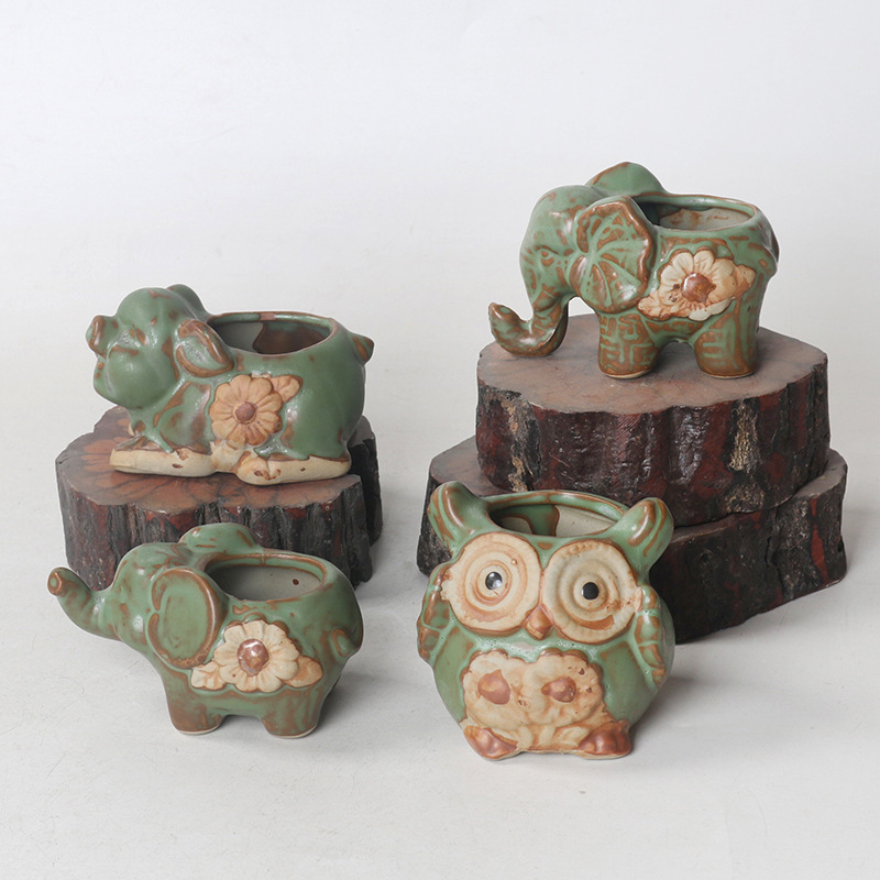 Ceramic fleshy flowerpot European K color glazed turtle pig owl animal retro bonsai flowerpot factory outlet