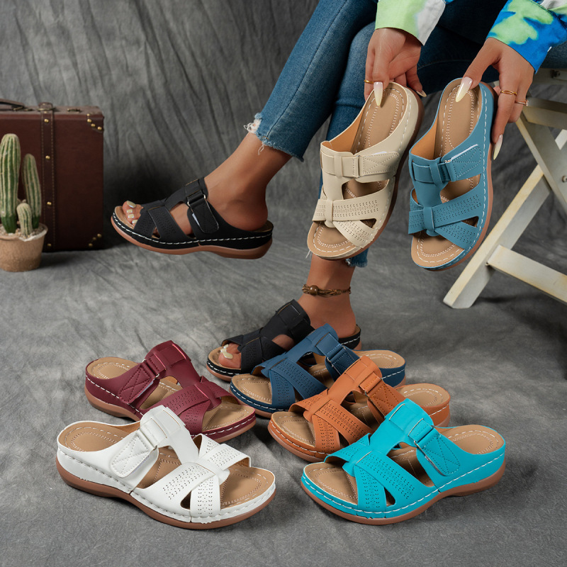 Amazon Foreign Trade Large Size Summer Casual Retro Wedge Heel Thick-Soled Stitched Leather One-Strap Women's Sandals