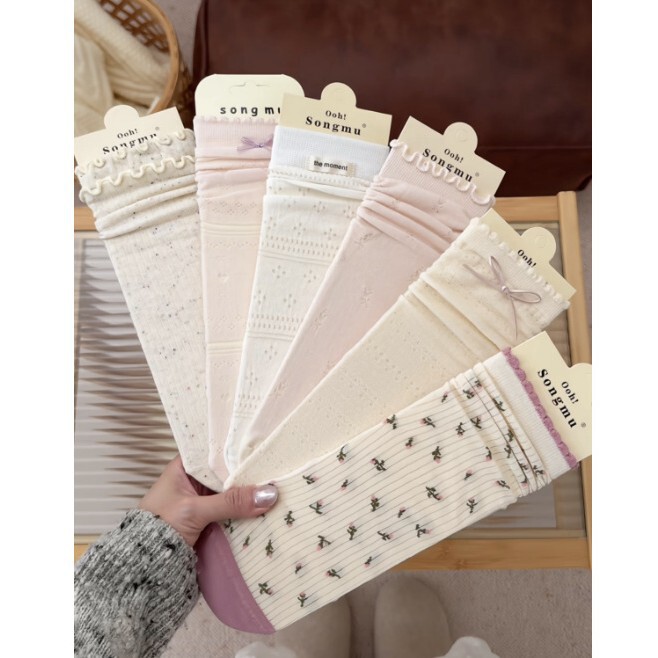 Songmu Spring and Summer New Collection Thin Breathable Bow Lace Ballet Style Long Socks Cotton Mid-Calf Socks Women's Socks Songmu Spring and Summer New Collection Thin Breathable Bow Lace Ballet Style Long Socks Cotton Mid-Calf Socks Women's Socks