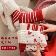 红色袜子女本命年蛇年新年冬季地板袜加绒加厚保暖居家布标睡眠袜