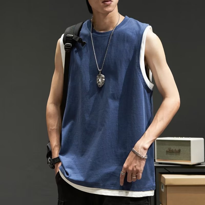 2023 Summer Faux Two-Piece Sweatshirt for Men, Japanese Style, Fresh and Trendy, Loose Casual Sports Vest, Sleeveless, White