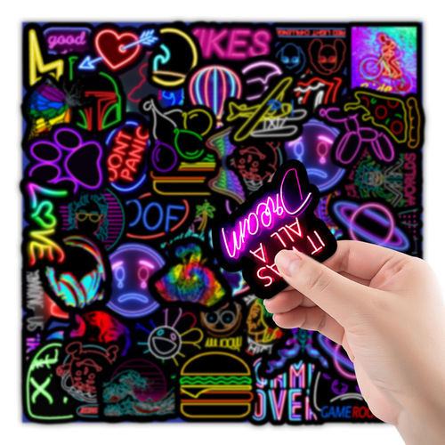 50 new neon stickers, car trunk, mobile phone water cup decoration stickers, notebook handbook stickers, waterproof