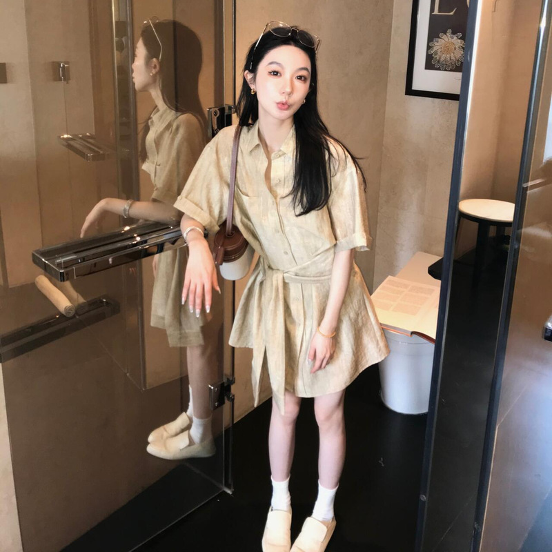 French Gentle Polo Collar Strap Waist Shirt Dress for Women Autum Lazy Style Fashionable Loose Slimming Look Short Skirt