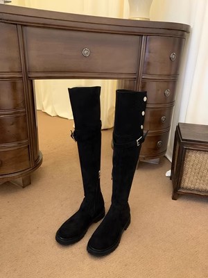 Mamá de uva Milan pictórica ~ botas cálidas de invierno botas sobre la rodilla punta redonda hebilla de cinturón a presión botas elásticas de tacón grueso botas largas