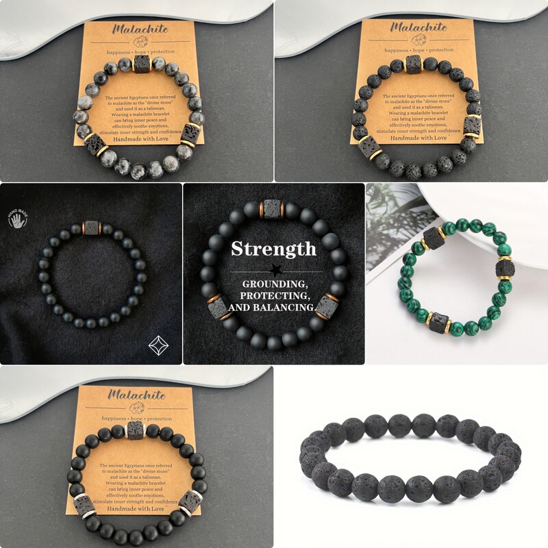 Cross-Border Fashion Amazon Cross-Border New Lava Cube Volcanic Stone Bracelet Men's Black Agate Retro Bracelet