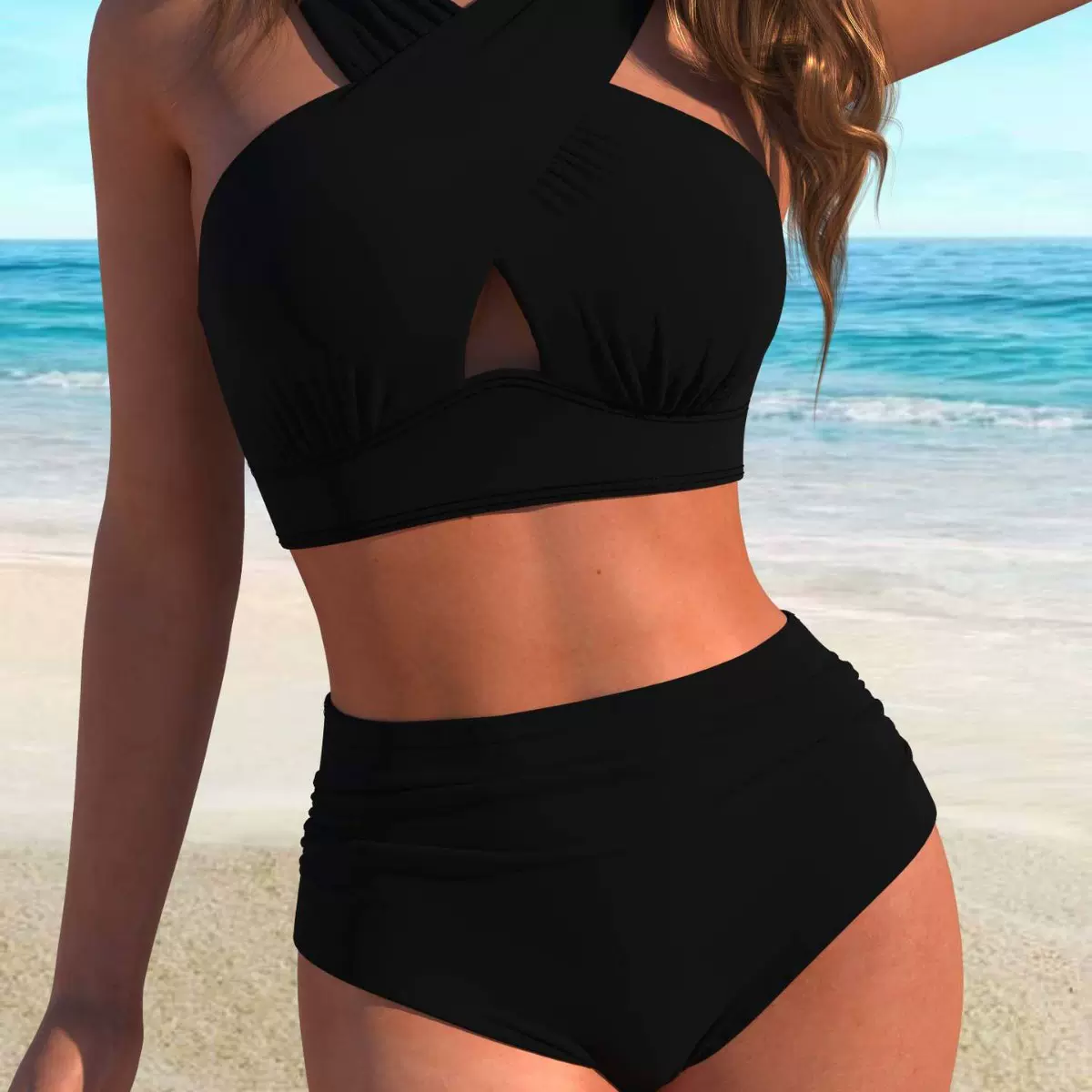 欧美泳装女士两件套比基尼高腰式性感镂空外贸新款泳衣亚马逊交叉