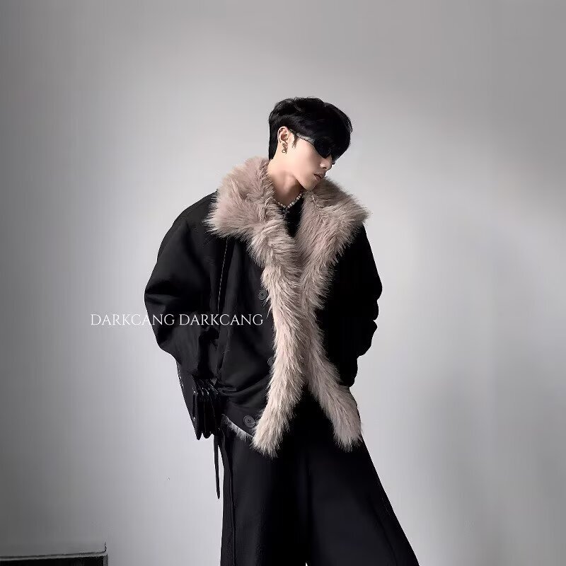 American High Street Style Mountain Carving Cotton Jacket for Men, Winter Thickened Hooded Fur Collar Coat, High-End Cool and Stylish Jacket American High Street Style Mountain Carving Cotton Jacket for Men, Winter Thickened Hooded Fur Collar Coat, High-End Cool and Stylish Jacket