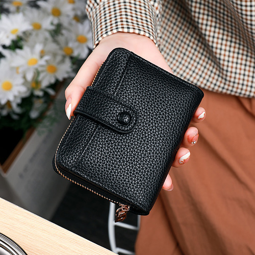 Women's Short Wallet, Ladies' Litchi-Grain Organ Card Holder with Multiple Card Slots, Trendy Korean-Style Card Case for ID and Cards