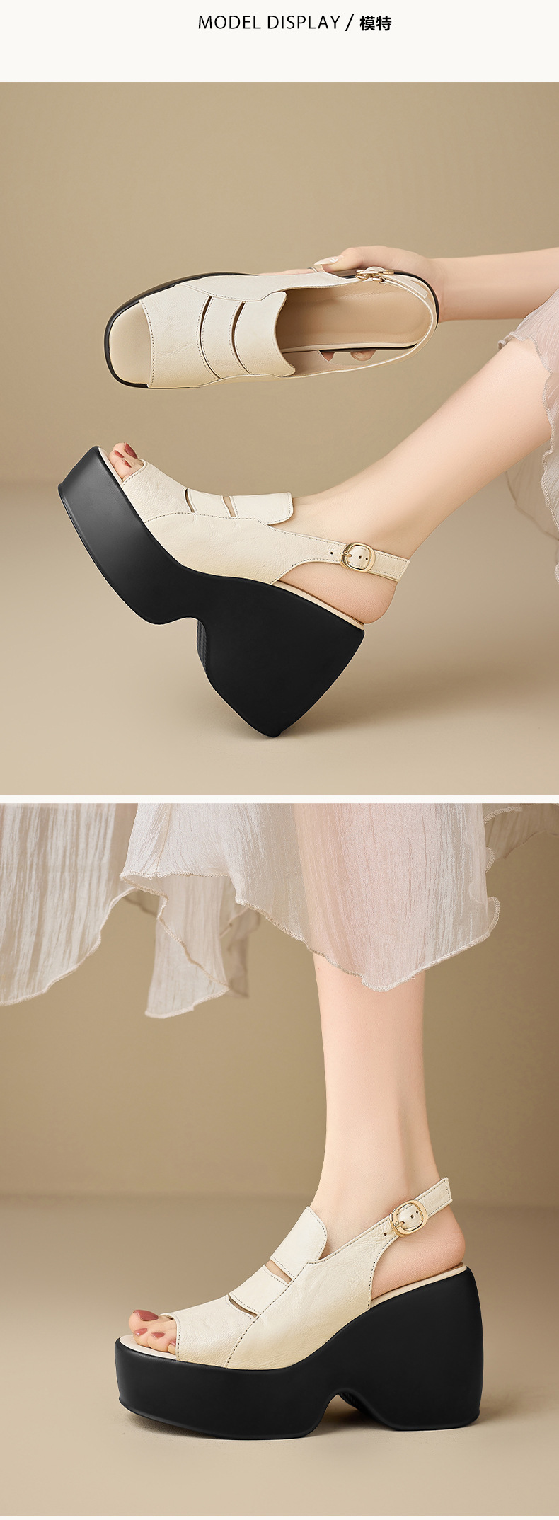 Sandal cao gót nữ đế xuồng mũi hở da cừu — màu đen, màu trắng ngà chi tiết 4